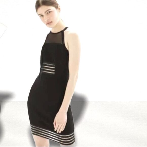 Topshop Black Dress Textured Keyhole back mesh detail Bodycon Sz 10 - Picture 5 of 13